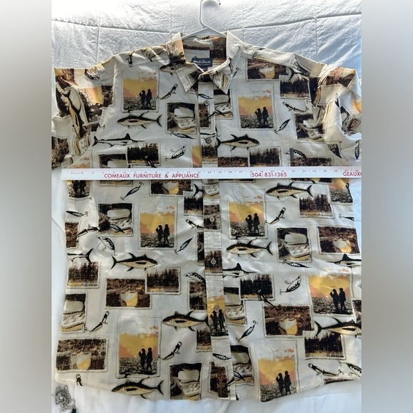 Vintage Woolrich Mens Fishing Fish Hook Print Button Down SS Shirt Beige Size XL - Picture 8 of 11